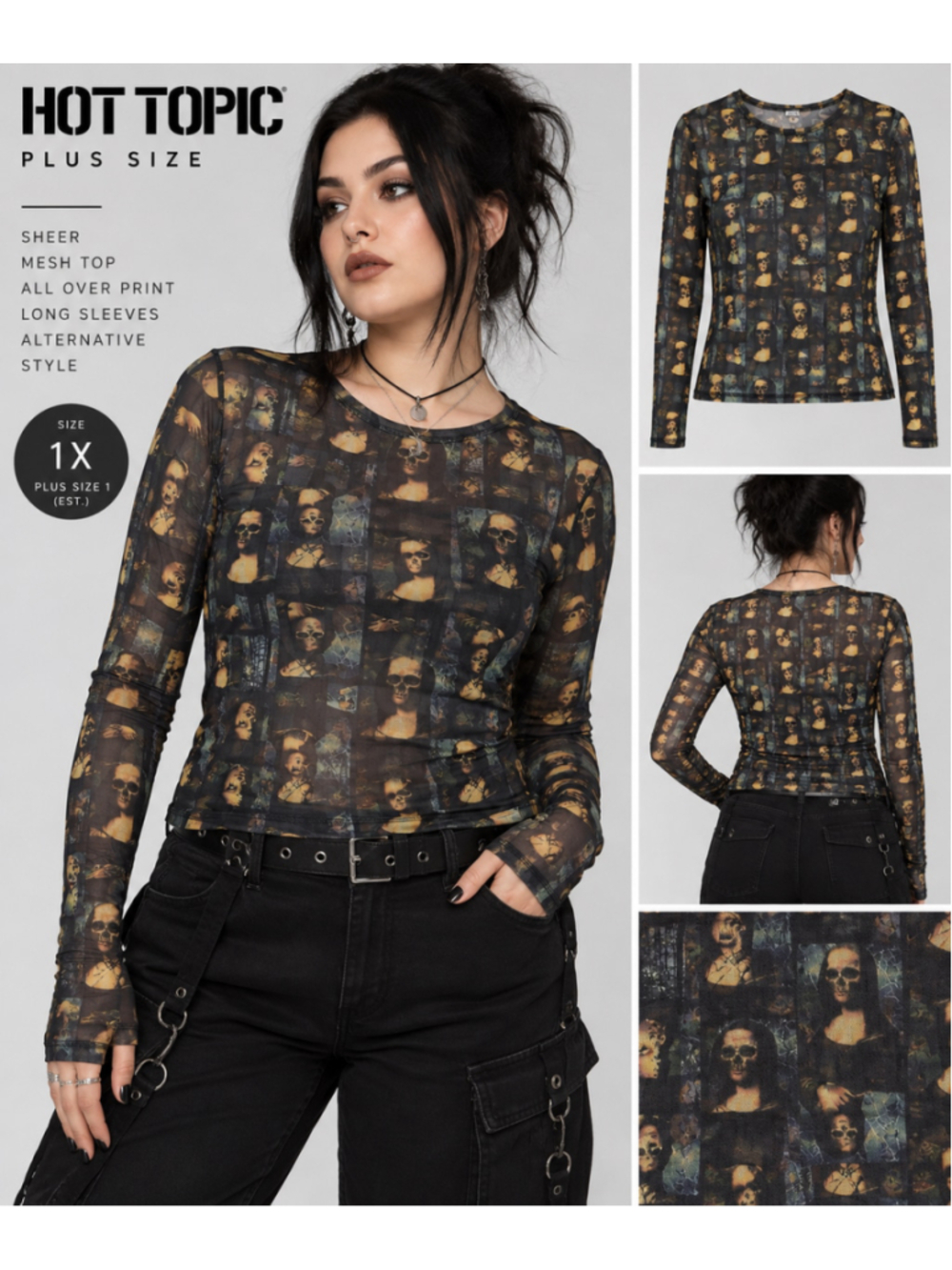 Hot Topic 1X Gothic Mona Lisa Skull Mesh Top Sheer Long Sleeve Halloween